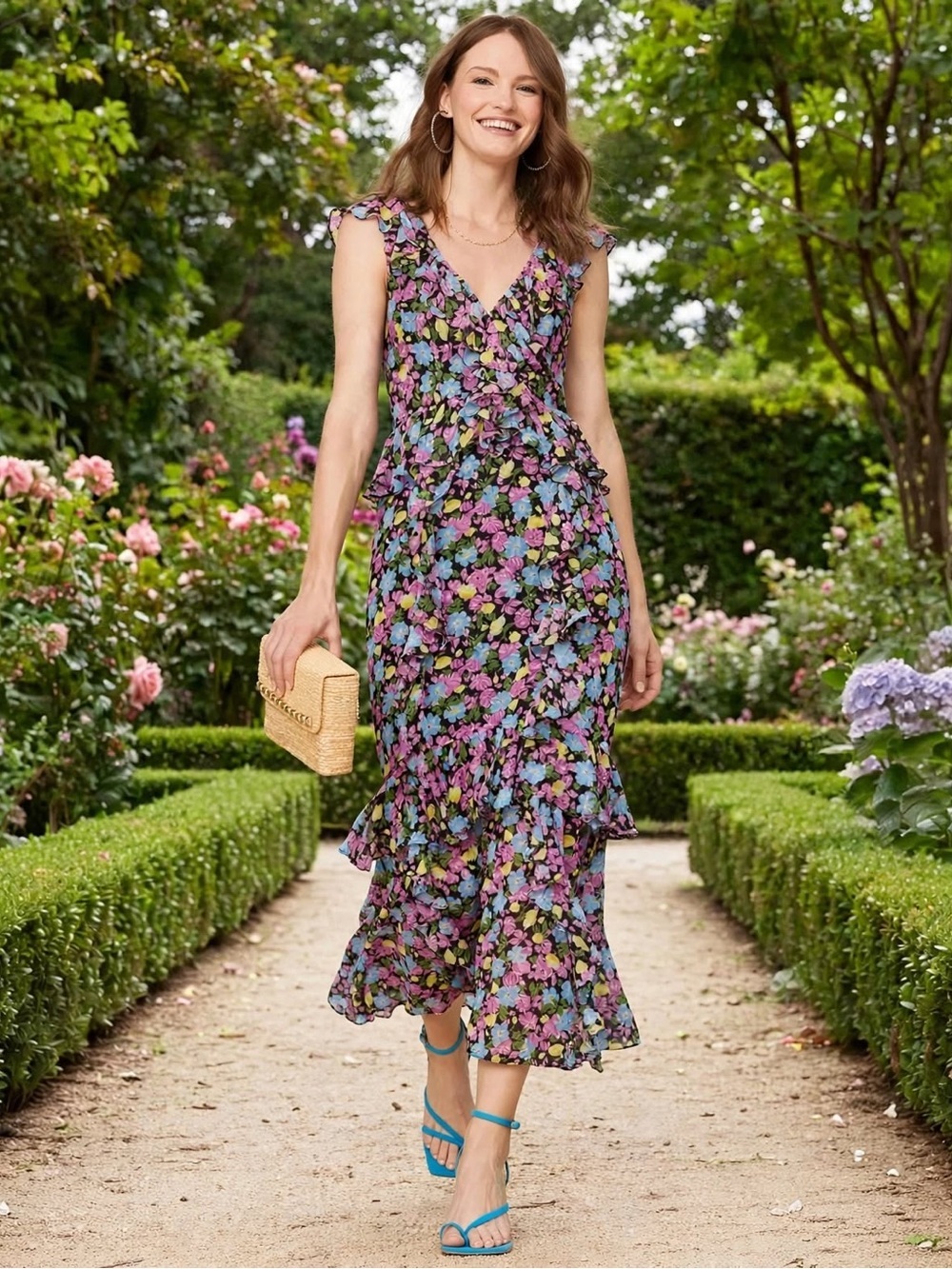 Amur EVITA Multicolor Floral Silk Chiffon Ruffle Maxi Dress Size 12